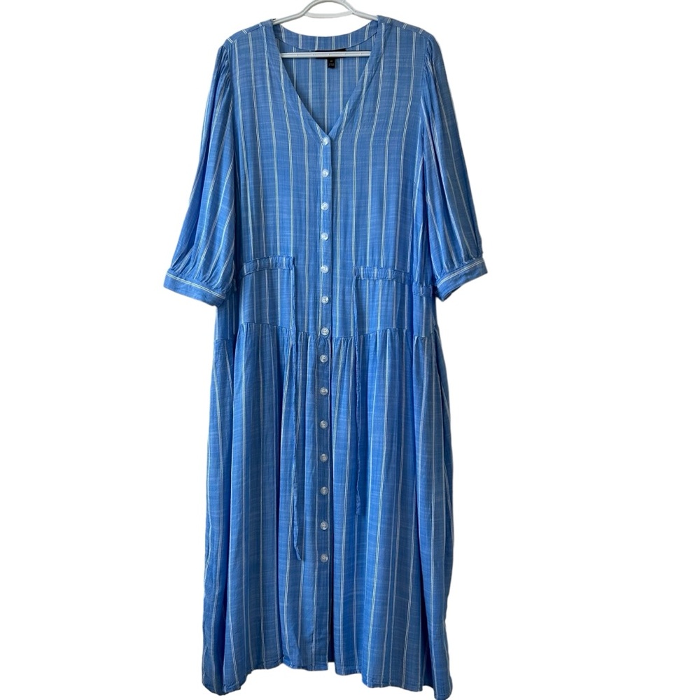 Lane Bryant Midi Dress Women’s 20 Blue White Striped Tie Waist V-Neck Soft Comfy